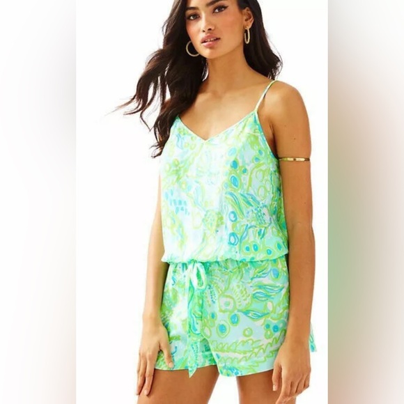 Lilly Pulitzer Deanna Tank Romper Pool Blue Salty Seas Preppy Coastal Beach‎ XS